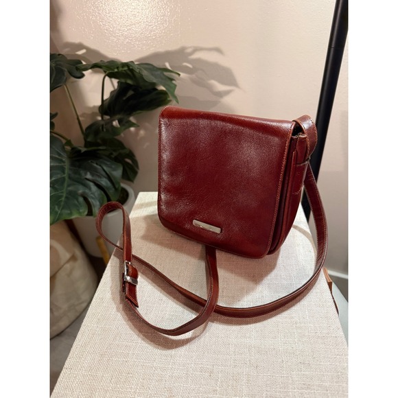 Unbranded Handbags - Vintage Cognac Brown Leather Crossbody Bag Striped Lining Minimalist Flap Purse
